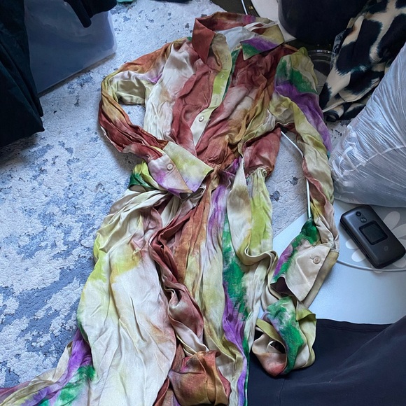 ANTHROPOLOGIE Tie-Waist Satin Shirt Dress in Multicolor Watercolor Print - Picture 3 of 4